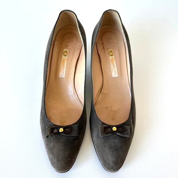 Gucci 1983 Vintage Grey Suede Bow Logo Kitten Heel Size 38 AA - Picture 3 of 16